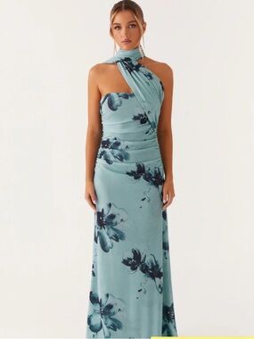 Peppermayo Blue Floral Maxi Dress Scarf Neck Ruched Strapless Formal Size S